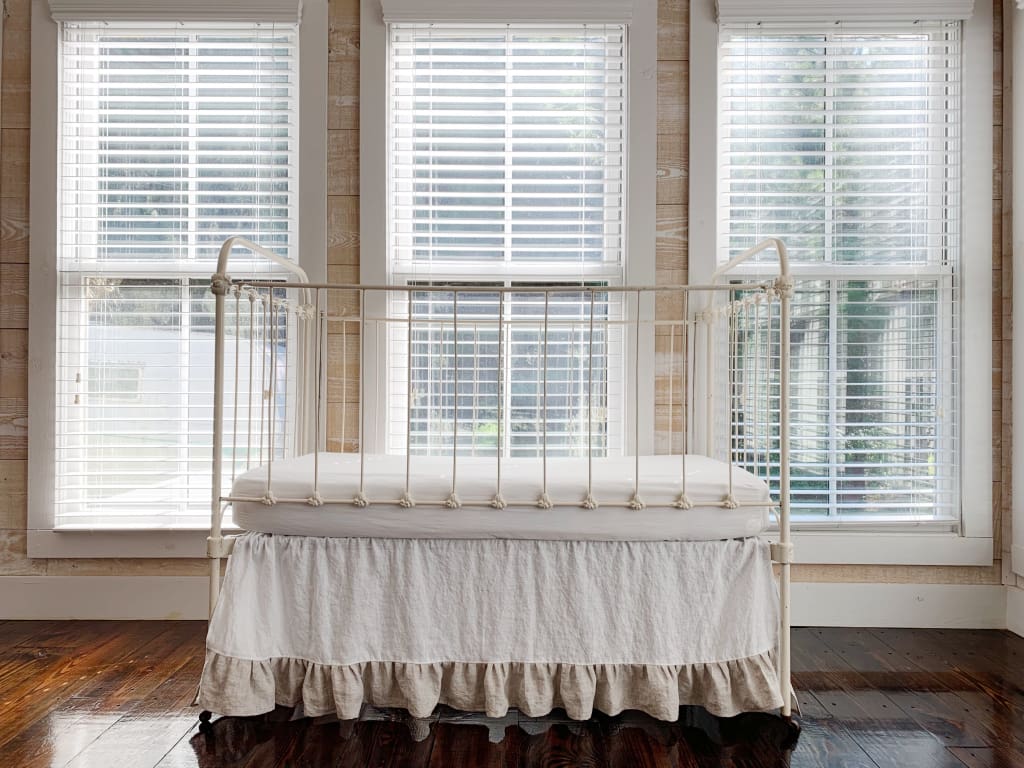 Ruffle Linen Crib Skirt in White and Oatmeal handmade heirloom nursery - High Cotton Textile