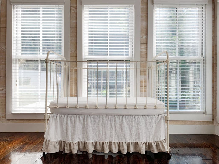 Ruffle Linen Crib Skirt in White and Oatmeal handmade heirloom nursery - High Cotton Textile