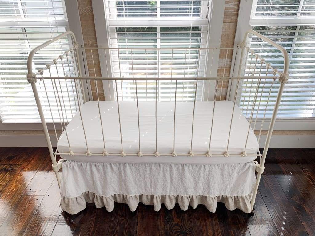 Ruffle Linen Crib Skirt in White and Oatmeal handmade heirloom nursery - High Cotton Textile