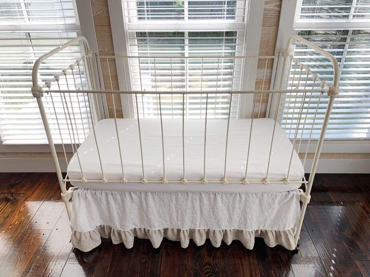 Ruffle Linen Crib Skirt in White and Oatmeal handmade heirloom nursery - High Cotton Textile