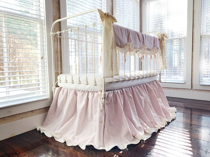 Baby Girl Scalloped Crib Rail Cover Set in Baby Pink and Ivory