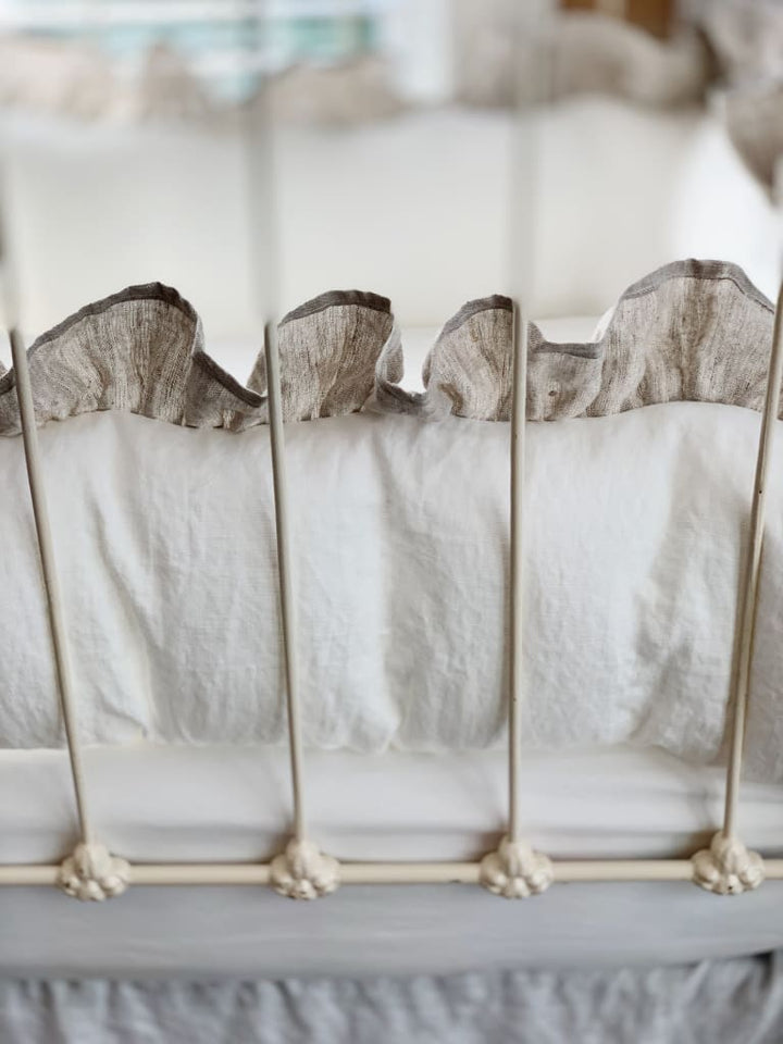 Ruffled Cottage Linen Crib Bedding | White + Oatmeal