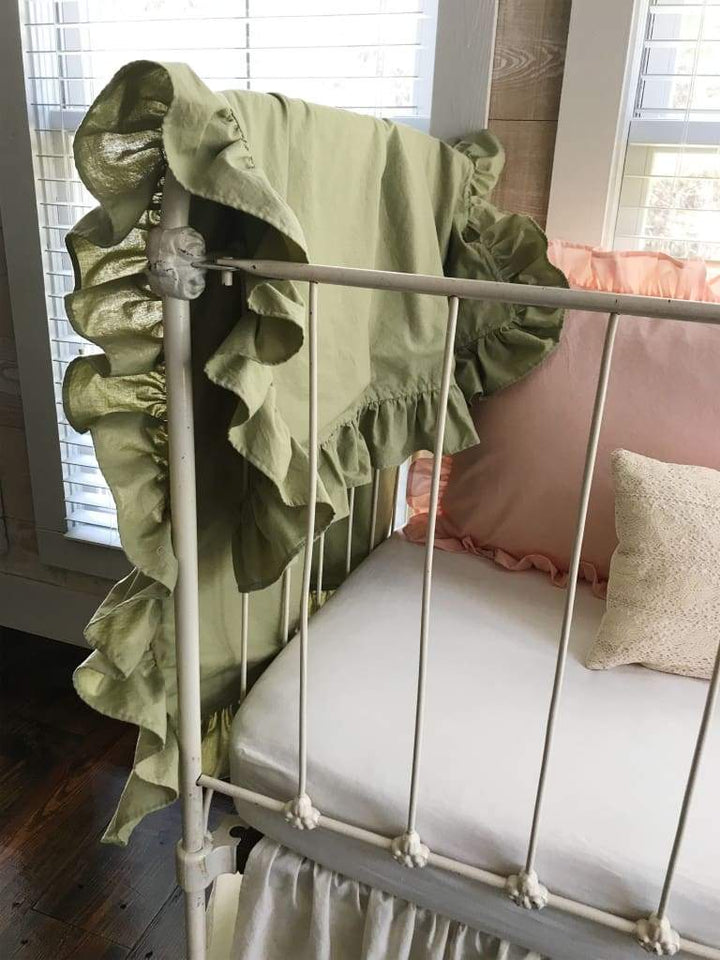Sage Green Ruffled Crib Blanket handmade heirloom nursery - High Cotton Textile