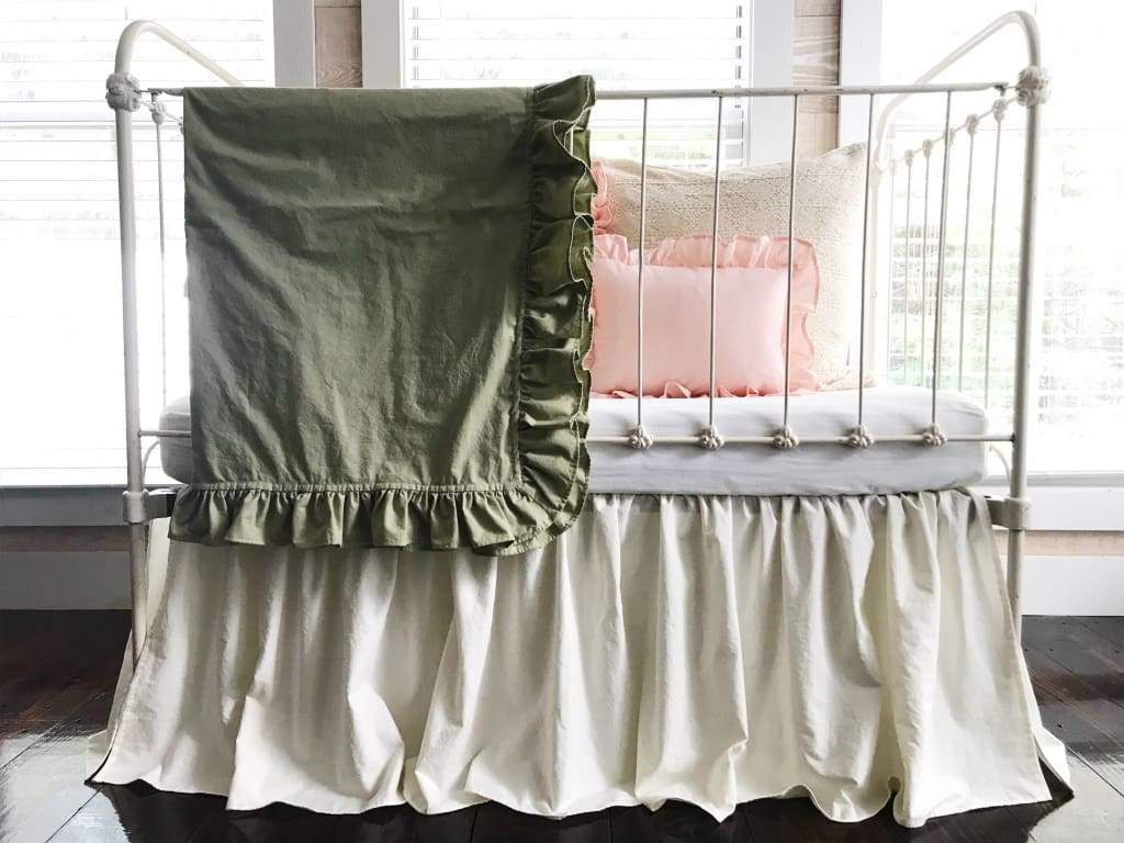 Sage Green Ruffled Crib Blanket handmade heirloom nursery - High Cotton Textile
