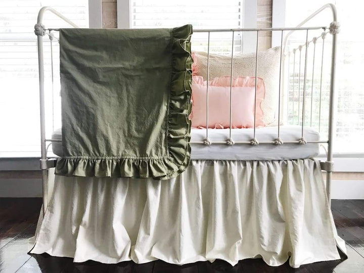 Sage Green Ruffled Crib Blanket handmade heirloom nursery - High Cotton Textile