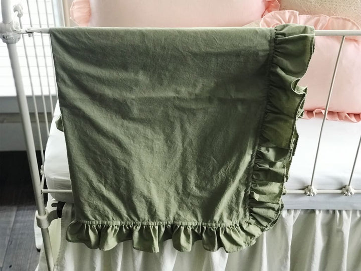Sage Green Ruffled Crib Blanket handmade heirloom nursery - High Cotton Textile