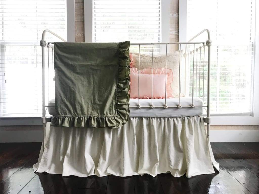 Sage Green Ruffled Crib Blanket handmade heirloom nursery - High Cotton Textile