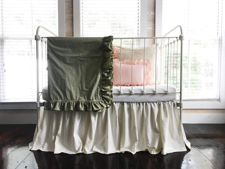 Sage Green Ruffled Crib Blanket handmade heirloom nursery - High Cotton Textile