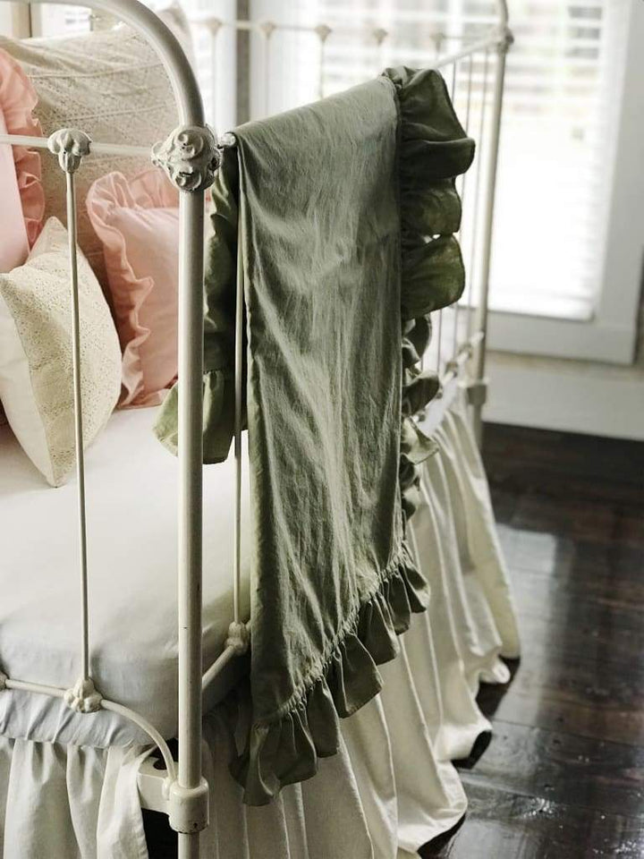 Sage Green Ruffled Crib Blanket handmade heirloom nursery - High Cotton Textile