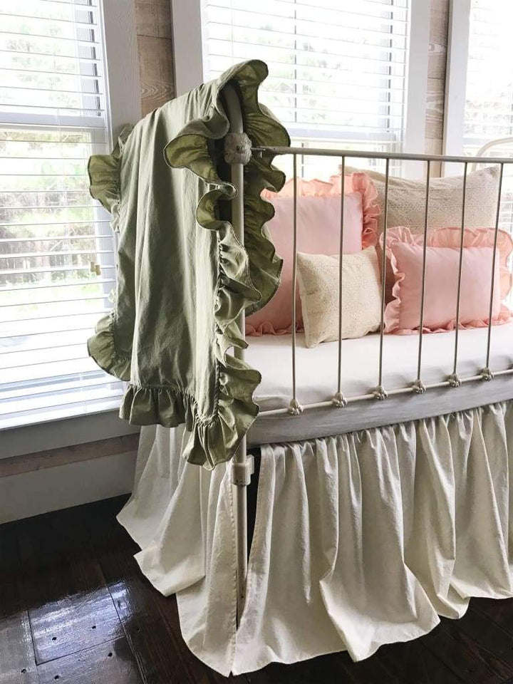 Sage Green Ruffled Crib Blanket handmade heirloom nursery - High Cotton Textile