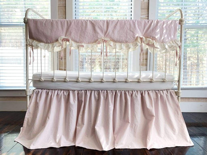 Scalloped Crib Bedding Set in Baby Pink and Ivory | Personalized Option handmade heirloom nursery - High Cotton Textile
