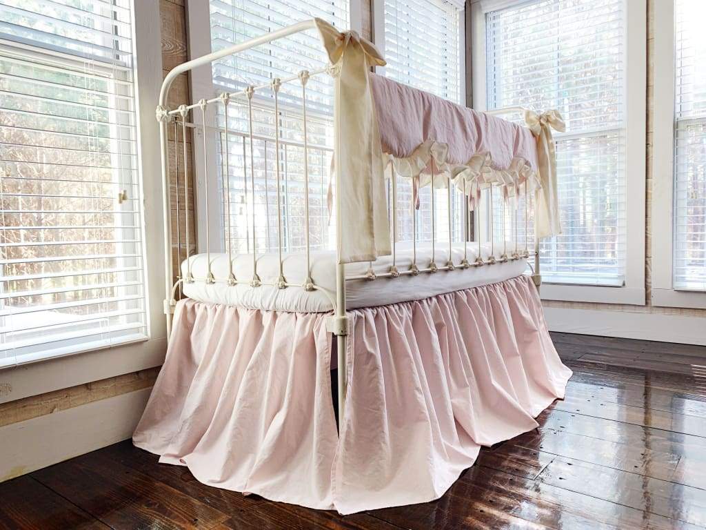 Scalloped Crib Bedding Set with Farmhouse Skirt and Bows – Baby Pink Ivory handmade heirloom nursery - High Cotton Textile