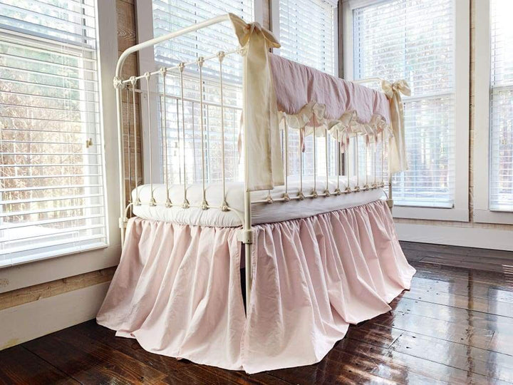 Scalloped Crib Bedding Set with Farmhouse Skirt and Bows – Baby Pink Ivory handmade heirloom nursery - High Cotton Textile