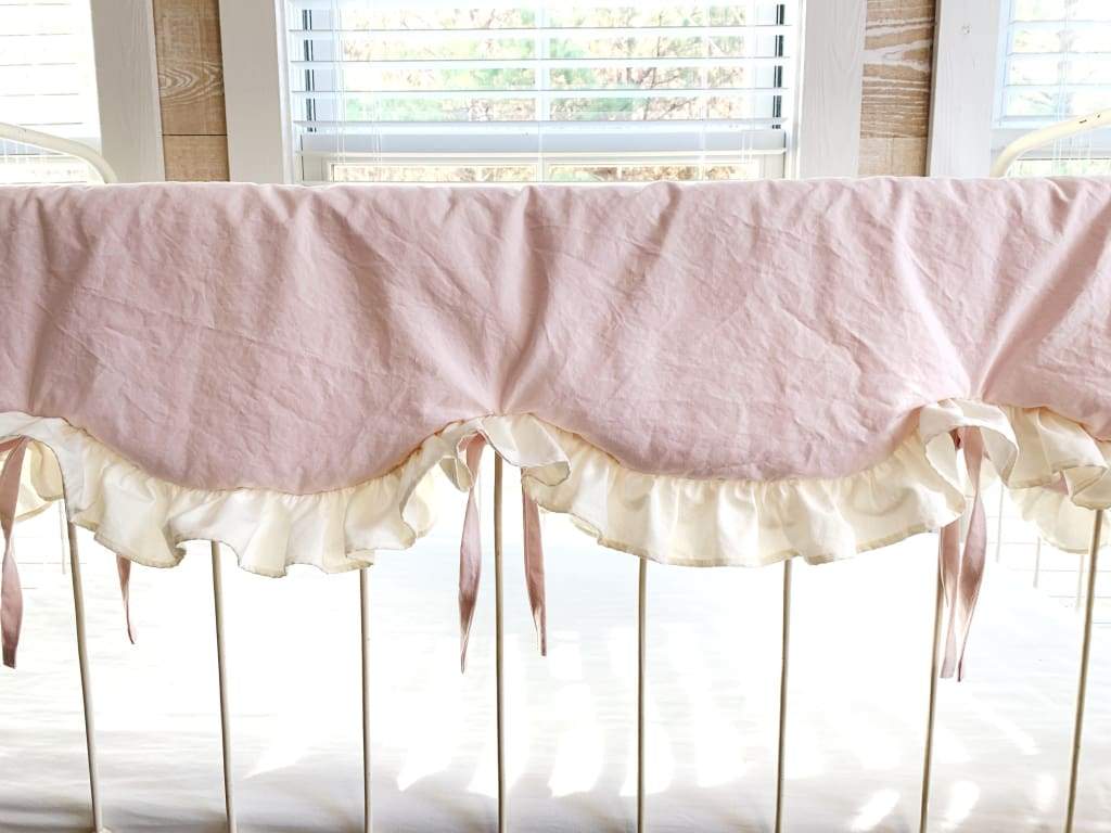 Scalloped Crib Bedding Set with Farmhouse Skirt and Bows – Baby Pink Ivory handmade heirloom nursery - High Cotton Textile