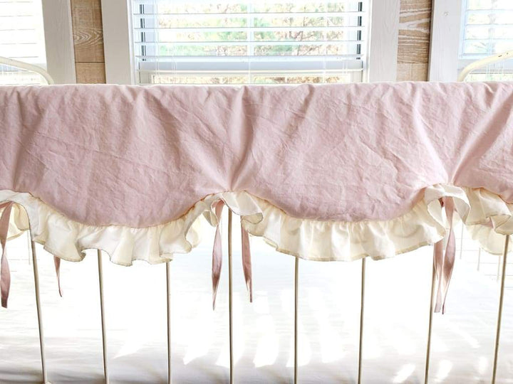 Scalloped Crib Bedding Set with Farmhouse Skirt and Bows – Baby Pink Ivory handmade heirloom nursery - High Cotton Textile