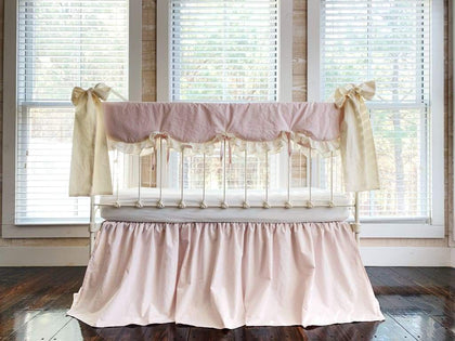 Scalloped Crib Bedding Set with Farmhouse Skirt and Bows – Baby Pink Ivory handmade heirloom nursery - High Cotton Textile