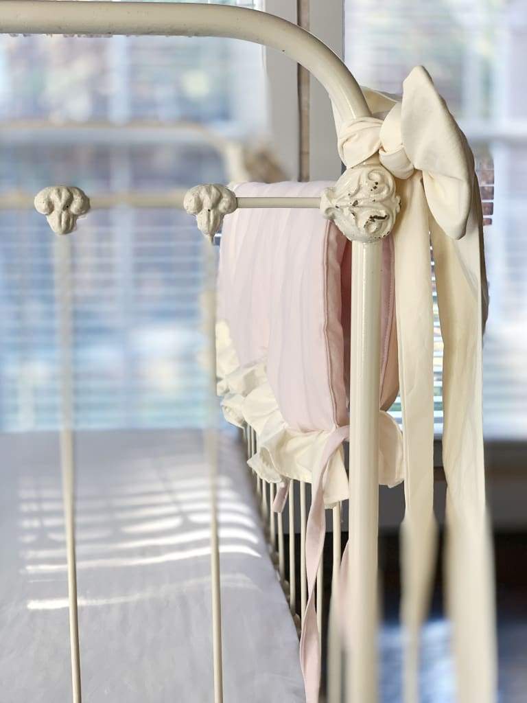 Scalloped Crib Bedding Set with Farmhouse Skirt and Bows – Baby Pink Ivory handmade heirloom nursery - High Cotton Textile