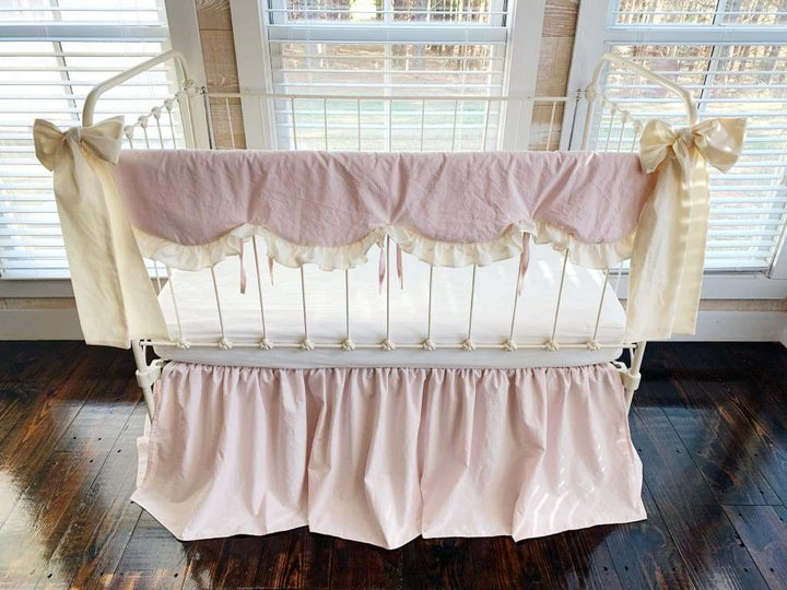 Scalloped Crib Bedding Set with Farmhouse Skirt and Bows – Baby Pink Ivory handmade heirloom nursery - High Cotton Textile