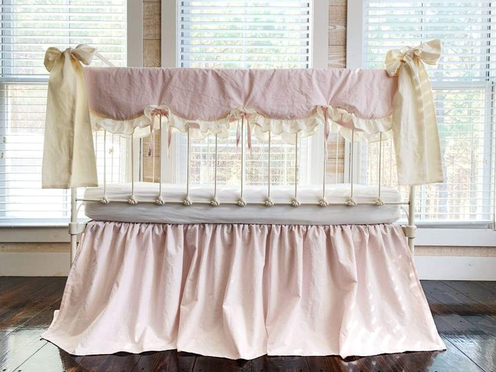 Scalloped Crib Bedding Set with Farmhouse Skirt and Bows – Baby Pink Ivory handmade heirloom nursery - High Cotton Textile
