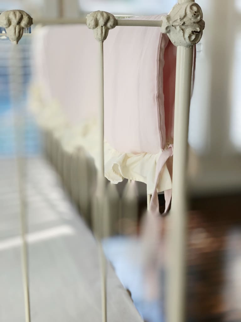 Scalloped Crib Rail Cover in Baby Pink and Ivory | Personalized Option handmade heirloom nursery - High Cotton Textile