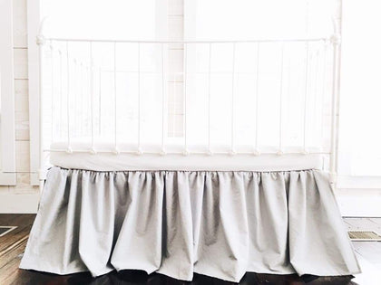 Silver grey farmhouse crib skirt in washed cotton, 20-inch drop with split corners