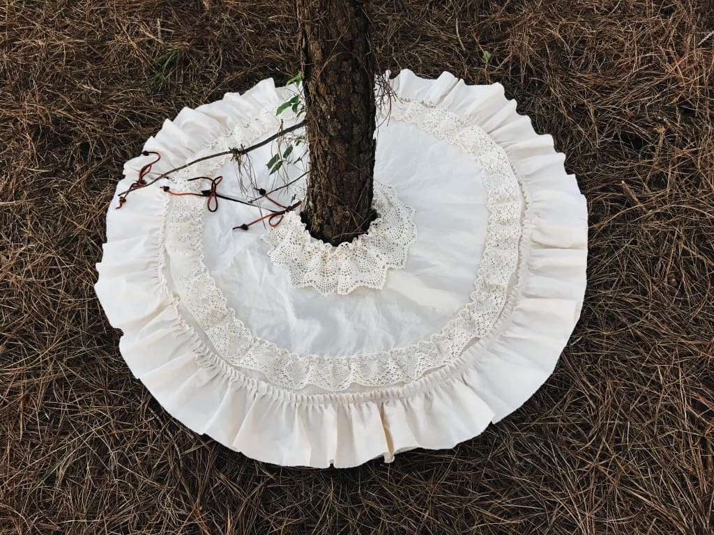Vintage Leather and Lace 100% Washed Cotton Tea - Stained Christmas Tree Skirt handmade heirloom nursery - High Cotton Textile