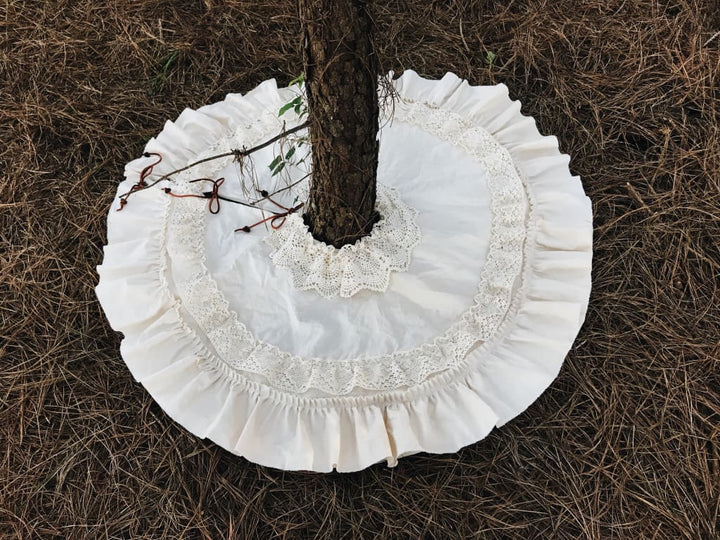 Vintage Leather and Lace 100% Washed Cotton Tea - Stained Christmas Tree Skirt handmade heirloom nursery - High Cotton Textile
