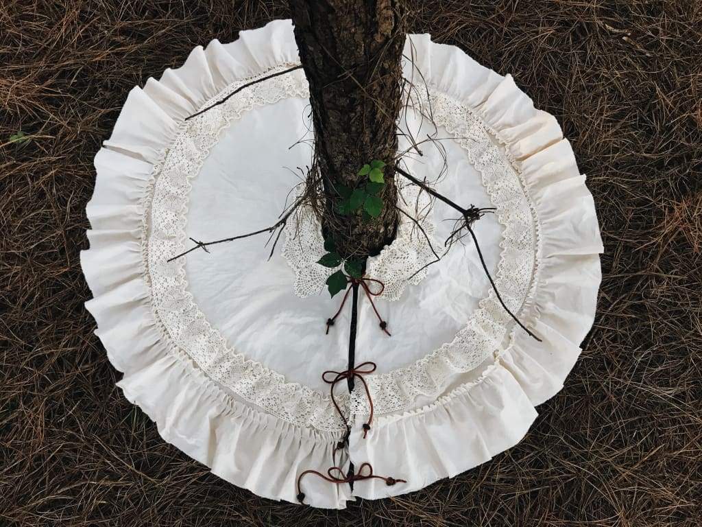 Vintage Leather and Lace 100% Washed Cotton Tea - Stained Christmas Tree Skirt handmade heirloom nursery - High Cotton Textile