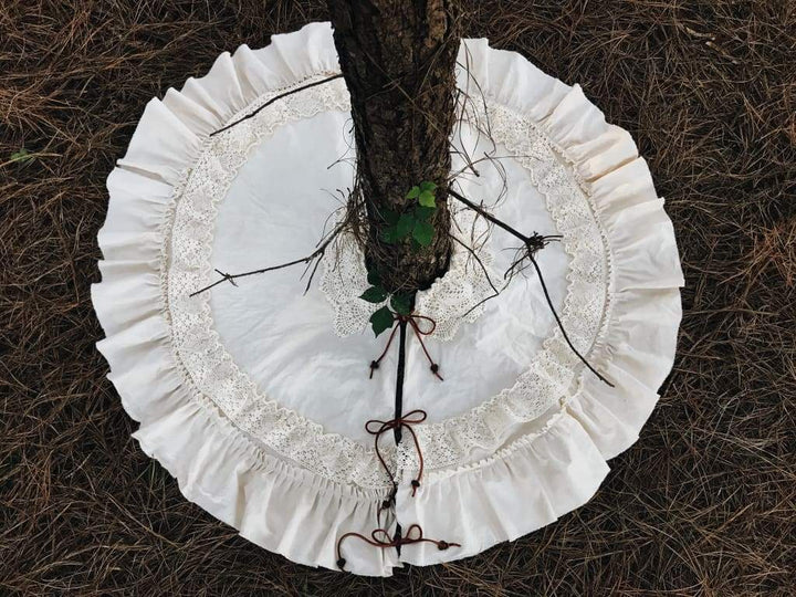 Vintage Leather and Lace 100% Washed Cotton Tea - Stained Christmas Tree Skirt handmade heirloom nursery - High Cotton Textile