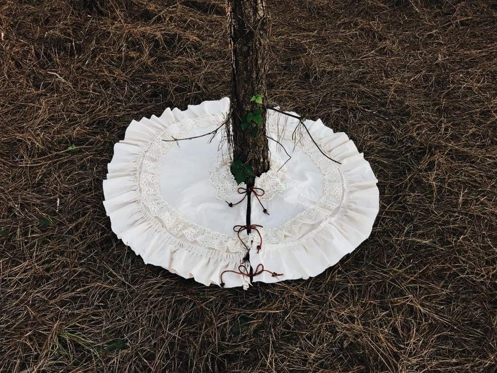 Vintage Leather and Lace 100% Washed Cotton Tea - Stained Christmas Tree Skirt handmade heirloom nursery - High Cotton Textile
