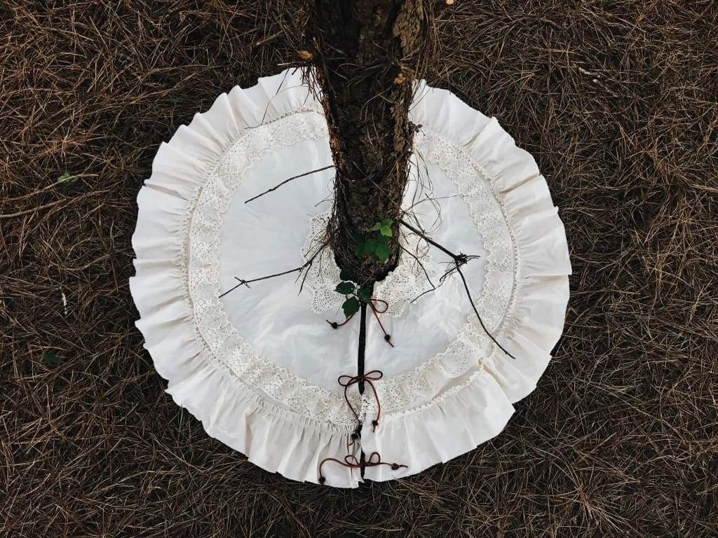 Vintage Leather and Lace 100% Washed Cotton Tea - Stained Christmas Tree Skirt handmade heirloom nursery - High Cotton Textile
