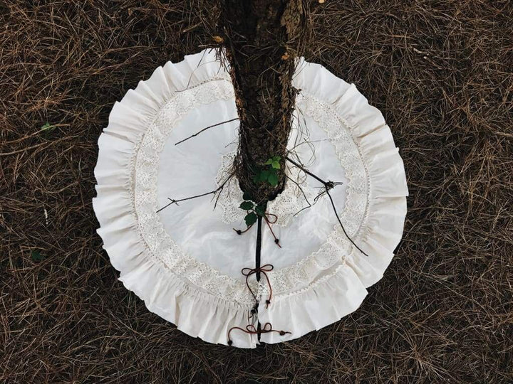 Vintage Leather and Lace 100% Washed Cotton Tea - Stained Christmas Tree Skirt handmade heirloom nursery - High Cotton Textile