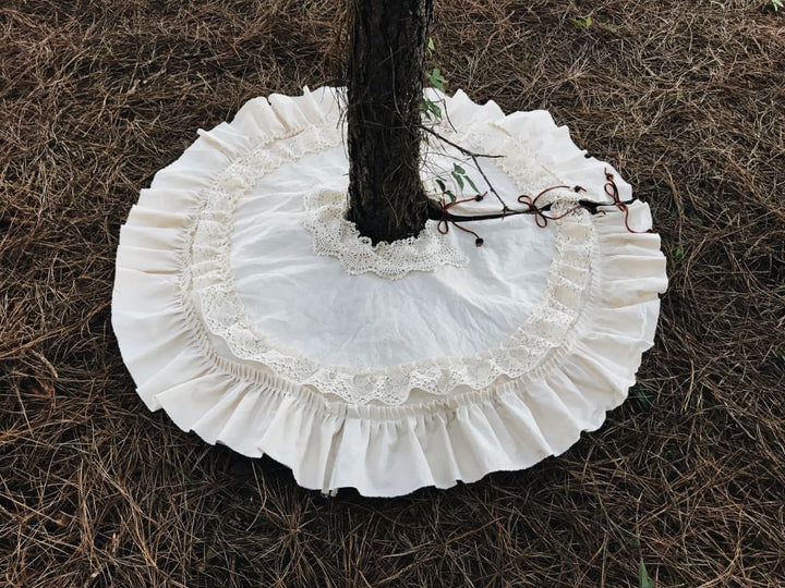 Vintage Leather and Lace 100% Washed Cotton Tea - Stained Christmas Tree Skirt handmade heirloom nursery - High Cotton Textile