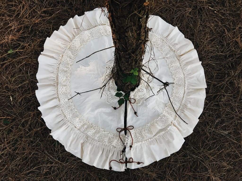 Vintage Leather and Lace 100% Washed Cotton Tea - Stained Christmas Tree Skirt handmade heirloom nursery - High Cotton Textile