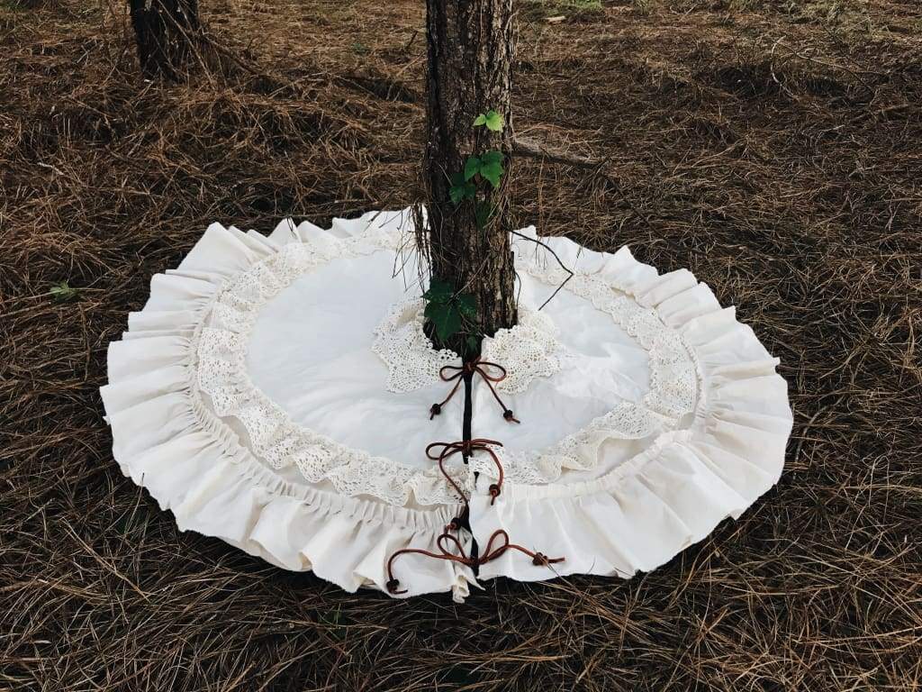 Vintage Leather and Lace 100% Washed Cotton Tea - Stained Christmas Tree Skirt handmade heirloom nursery - High Cotton Textile
