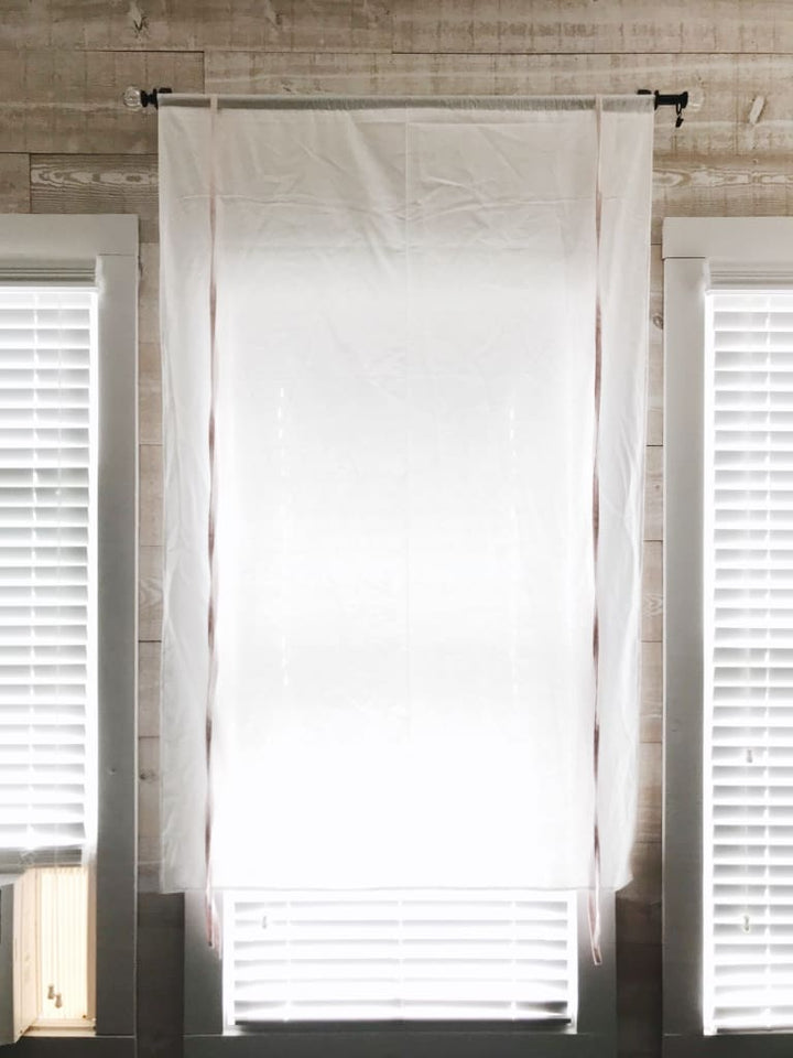 White and Baby Pink Farmhouse Tie - Up Shades handmade heirloom nursery - High Cotton Textile