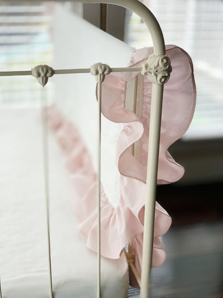 White and Baby Pink Ruffled Baby Crib Quilt handmade heirloom nursery - High Cotton Textile