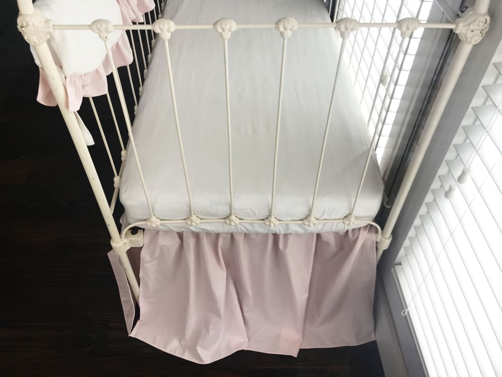 White and Baby Pink Scalloped Crib Rail Cover and Baby Pink Farmhouse Crib Skirt Set handmade heirloom nursery - High Cotton Textile
