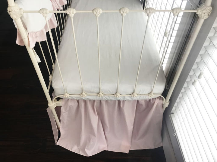 White and Baby Pink Scalloped Crib Rail Cover and Baby Pink Farmhouse Crib Skirt Set handmade heirloom nursery - High Cotton Textile