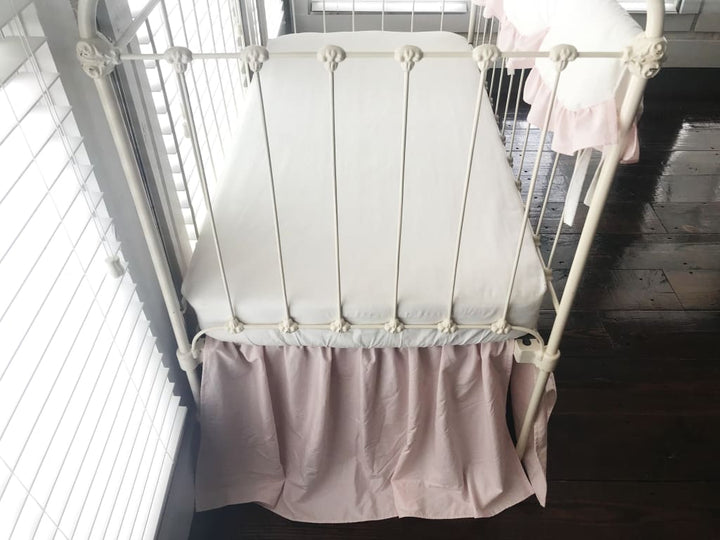 White and Baby Pink Scalloped Crib Rail Cover and Baby Pink Farmhouse Crib Skirt Set handmade heirloom nursery - High Cotton Textile