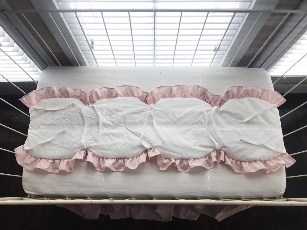 White and Baby Pink | Scalloped Crib Rail Cover Set + Large Crib Bows