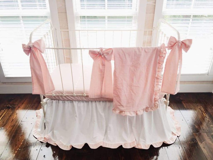 White and Ballet Slipper Ruffled Crib Set for Girls handmade heirloom nursery - High Cotton Textile