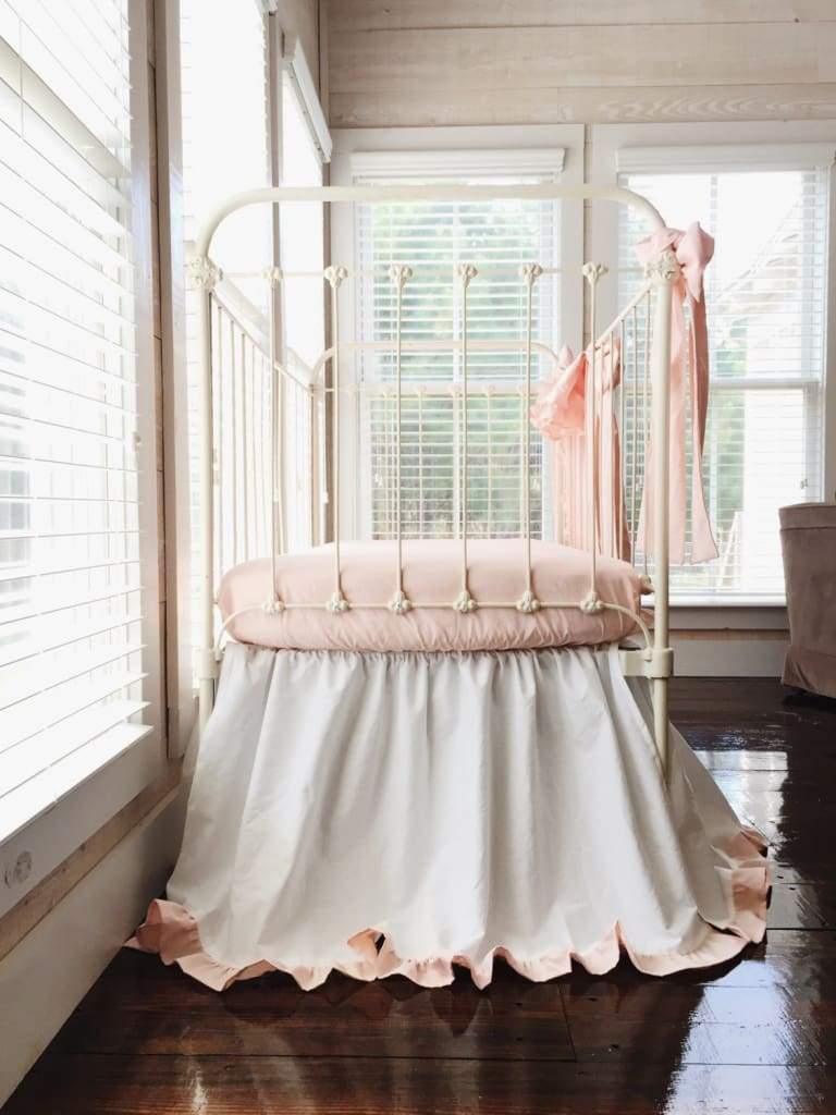 White and Ballet Slipper Ruffled Crib Set for Girls handmade heirloom nursery - High Cotton Textile