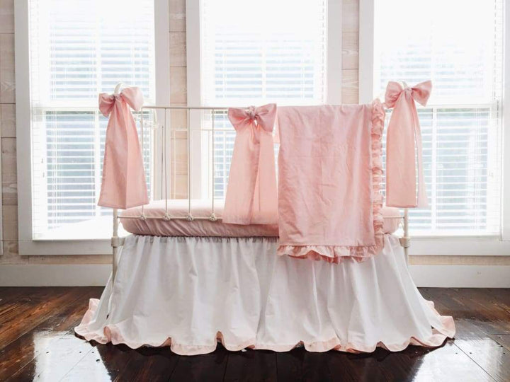 White and Ballet Slipper Ruffled Crib Set for Girls handmade heirloom nursery - High Cotton Textile