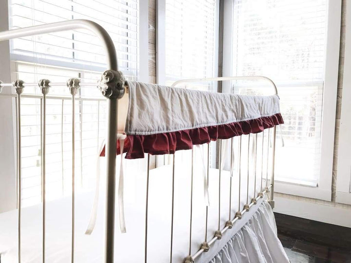 White and Blush Ruffled Crib Rail Cover handmade heirloom nursery - High Cotton Textile