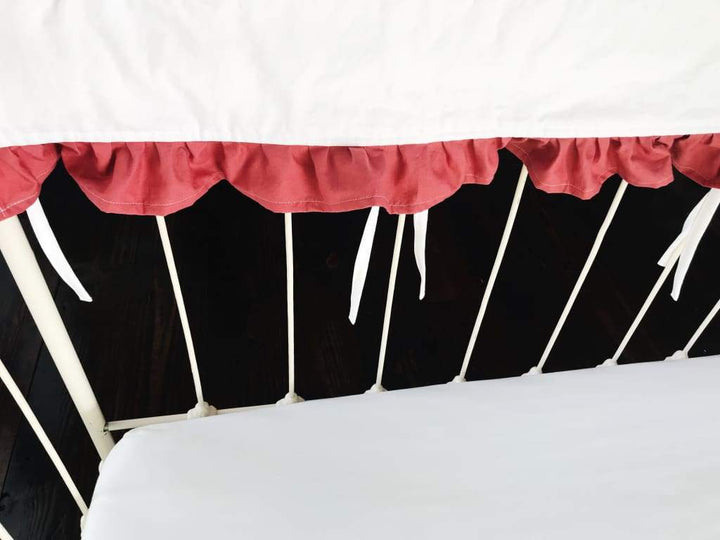 White and Blush Ruffled Crib Rail Cover handmade heirloom nursery - High Cotton Textile
