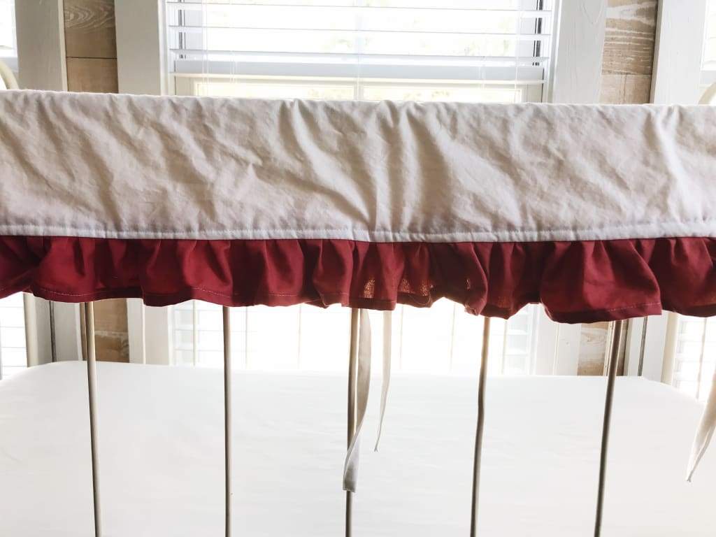 White and Blush Ruffled Crib Rail Cover handmade heirloom nursery - High Cotton Textile
