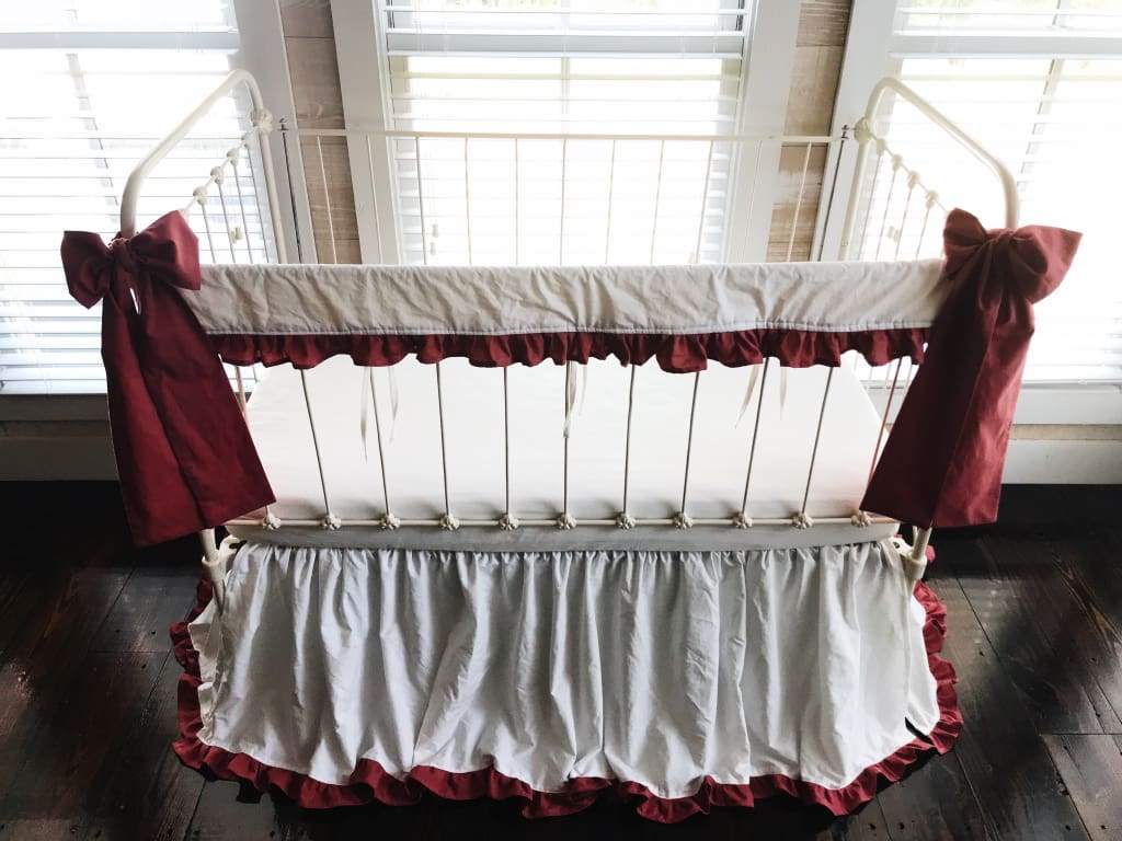 White and Blush Ruffled Crib Rail Cover and Skirt Set with Bows handmade heirloom nursery - High Cotton Textile
