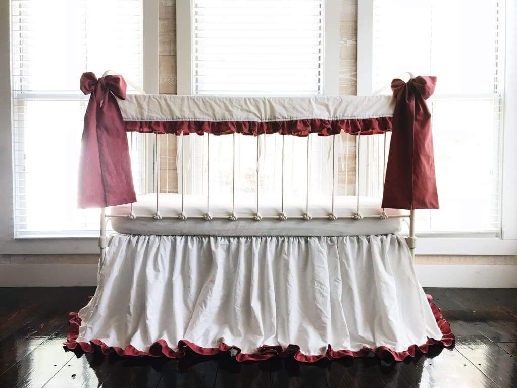 White and Blush Ruffled Crib Rail Cover and Skirt Set with Bows handmade heirloom nursery - High Cotton Textile
