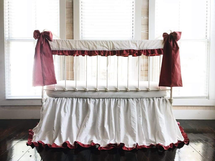 White and Blush Ruffled Crib Rail Cover and Skirt Set with Bows handmade heirloom nursery - High Cotton Textile